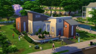 The Sims 4 Money: Etrafında birçok Sim bulunan zengin görünümlü bir ev