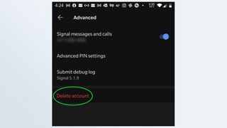 Signal Android uygulamasındaki Hesabı Sil seçeneğinin ekran görüntüsü.
