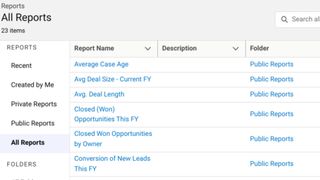 Salesforce'taki Tüm Raporlar listesinin ekran görüntüsü.