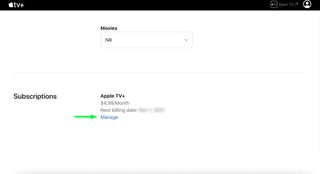 Ayarlar sekmesi ve abonelikler bölümünün Apple TV Plus web sitesi ekran görüntüsü