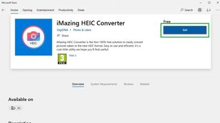 HEIC dosyalarını JPEG'e dönüştürme adım 1: Microsoft Store'da iMazing HEIC Converter'ı bulun ve Al'a tıklayın