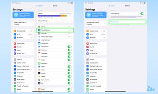 iPadOS ayarlar menüsünden, iCloud Yedekleme ayarlarının nerede bulunacağını gösteren iki ekran görüntüsü
