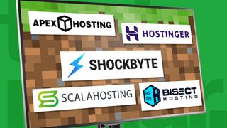 En iyi Minecraft sunucu barındırma sağlayıcıları: Minecraft oyun arka planına sahip bir masaüstünde Hostinger, ScalaHosting, Apex Hosting, Shockbyte ve BisectHosting logosu