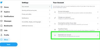 Bir Twitter hesabı nasıl silinir - hesap devre dışı bırakma menüsü