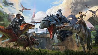 Ark: Survival Evolved hileleri: atlı biniciler birbirlerine karşı bir raptor, trike, t rex ve baryonyx kullanıyor