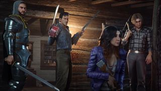 Evil Dead: The Game - Ash ve diğer karakterler bir kulübenin ön verandasında duruyor