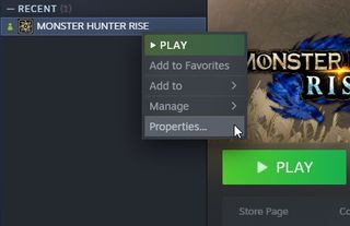 Monster Hunter Rise sıfırlama - Steam'deki özellikler seçeneği