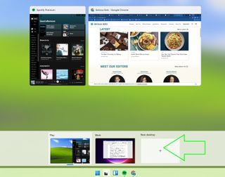 Yeni masaüstü düğmesini gösteren yeşil bir okla Windows 11 Görev Görünümü