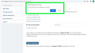 Instagram Hesap Silme sayfasının, kullanıcının Instagram hesabını silmek istediğinden emin olup olmadığını soran bir açılır pencereyi gösteren ekran görüntüsü
