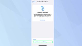 Tüm İçeriği ve Ayarları Sil vurgulanmış olarak iOS iPhone uygulamasını Aktarın veya Sıfırlayın