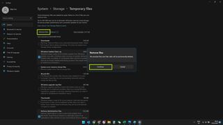"Dosyaları kaldır" ve "devam" vurgulanmış olarak Windows 11 Geçici dosyalar ekranının ekran görüntüsü