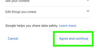 yeşil bir kutu, "Google, verileri güvenli bir şekilde paylaşmanıza yardımcı olur"un altında Kabul et'e dokunup devam edin anlamına gelir