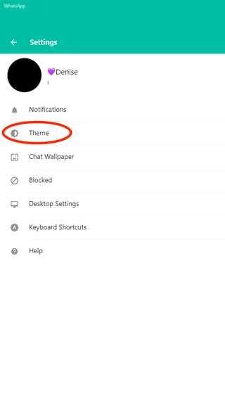 Masaüstündeki WhatsApp tema seçeneğinin ekran görüntüsü