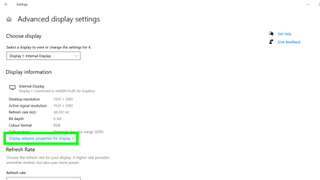 Monitörünüzdeki yenileme hızı nasıl değiştirilir - Windows 10 menüsünde seçili olan "Ekran 1 için Görüntü Bağdaştırıcısı Özellikleri"nin ekran görüntüsü