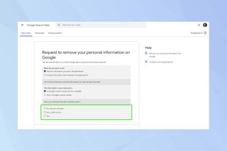 İletişim bilgilerinin Google Arama'dan nasıl kaldırılacağını gösteren Google Arama kaldırma formunu gösteren bir ekran görüntüsü