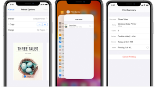 Yazdırma seçeneklerini, yazdırma işi özetini ve yazdırmayı iptal etme seçeneğini gösteren iPhone ekran görüntüleri