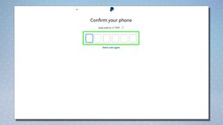 PayPal kurulum sürecini gösteren bir ekran görüntüsü.  Bu ekran cep telefonu numarasının onay kodunu gösterir.