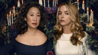 (LR) Killing Eve _ Sezon 4'te Eve Polastri rolünde Sandra Oh, Villanelle rolünde Jodie Comer, Anahtar Sanat - Fotoğraf: