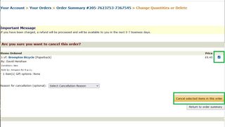 PC'de bir Amazon siparişi nasıl iptal edilir 3. adım: İptal edilecek öğelerin işaretlendiğinden emin olun, ardından bu siparişte seçili öğeleri İptal et'e tıklayın