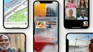 Çeşitli iOS 15 özelliklerini gösteren birkaç iPhone