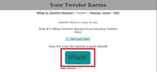 Whack'in bir ekran görüntüsü!  Tweeter Karma üzerindeki düğme