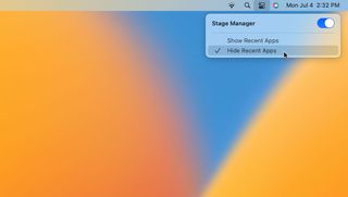 macOS Ventura menü çubuğundaki Stage Manager'ın Son Uygulamalar menüsü.