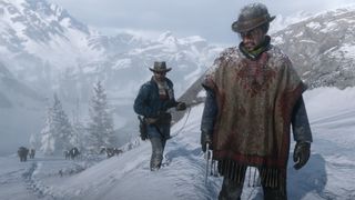 Red Dead Redemption 2 Hileleri - İki adam karlı bir dağ yolunda duruyor