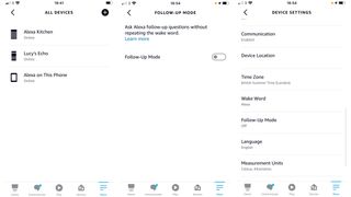Alexa uygulamasında Takip Modunu ayarlamaya ilişkin ekran görüntüleri