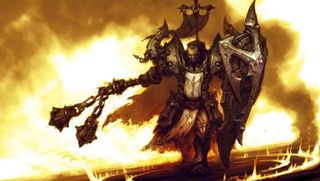 Diablo Immortal Crusader ateşin önünde büyük bir yelken savuruyor