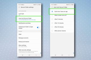 Güvenli Klasörün otomatik olarak kilitlenmesini ayarlamak için gereken adımları gösteren Samsung Güvenli Klasör menüsü