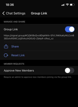 Signal'deki grup bağlantısı yönetim sayfasının ekran görüntüsü.