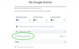 Google Arama geçmişi nasıl silinir - 'Tarihe ve ürüne göre filtrele' vurgulanmış olarak 'Google Etkinliğim'.