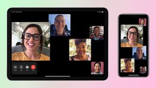 Yeşil ve pembe arka plana sahip grup FaceTime sohbeti