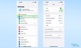 iOS 16 ayarlar uygulamasında Wi-Fi menüsünün nerede bulunacağını gösteren iki ekran görüntüsü