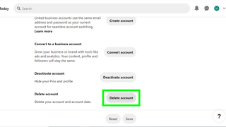 Pinterest hesabı nasıl silinir - "Hesabı Sil" düğmesi seçili olarak Pinterest'in Hesap Ayarları sayfasının ekran görüntüsü