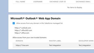 Salesforce'ta beyaz listeye alınmış Microsoft Outlook Web App etki alanlarının listesi.