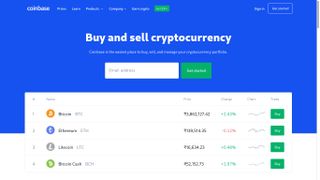 Coinbase web sitesinin ekran görüntüsü