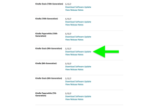 Kindle Oasis güncelleme bağlantısının vurgulandığı Amazon'un Kindle yazılım güncellemeleri sayfası