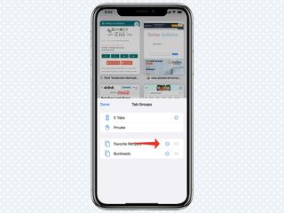 iOS 15'te Safari'de Sekme Grupları menüsündeki üç nokta düğmesini gösteren kırmızı bir ok