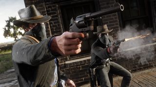 Red Dead Redemption 2 hileleri - İki maskeli silahlı adam tabancalarını ateşliyor