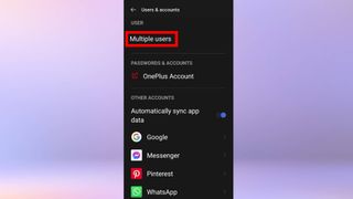 Android telefondaki ayarlar uygulamasının ekran görüntüsü.  "Birden çok kullanıcı" seçeneği vurgulanır