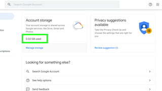 Google depolama alanı kullanımı nasıl kontrol edilir - Google'ın hesap yönetimi sayfasının, hesap depolama alanının ne kadarının kullanıldığını gösteren ekran görüntüsü