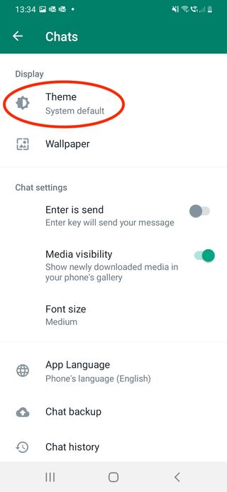 WhatsApp'taki Tema seçeneğinin ekran görüntüsü