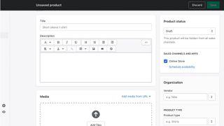Shopify'ın web sitesi oluşturucusundaki ürün ekleme ekranı