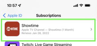 Abonelikler sayfasında Showtime'ı yeşil bir kutu vurgular