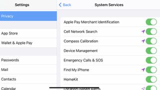 iOS Sistem Hizmetleri menüsü