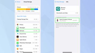 Yedeklemeler ve iPhone adı vurgulanmış olarak iOS iCloud Storage uygulaması