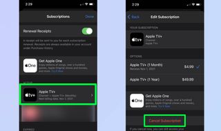 Apple TV uygulamasının abonelikler penceresi ve Apple TV Plus için abonelik düzenleme penceresi