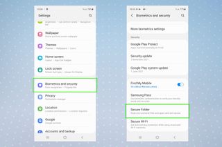 Samsung Ayarları ve Biyometri ve güvenlik menüleri