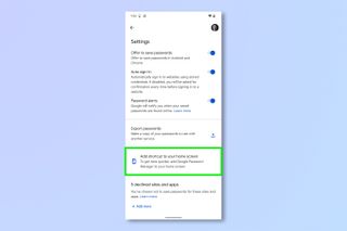 Android ana ekranınıza bir Google Şifre yöneticisi kısayolu eklemek için gereken adımları gösteren bir ekran görüntüsü